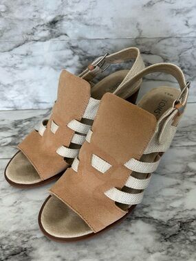 TOMS women’s size 8.5 tan & cream suede leather and canvas heeled sandals